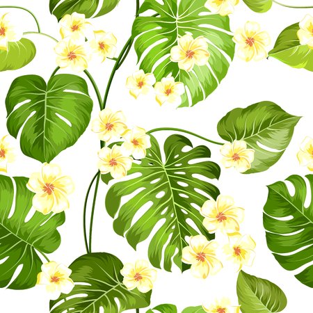 Plumeria flowers and jungle palm. Beautiful fabric pattern with a tropical flowers isolated over white background. Blossom flowers for seamless pattern background.のイラスト素材