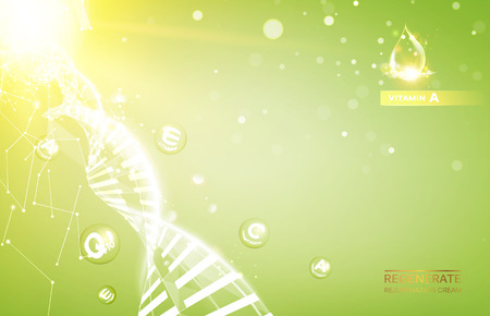 Science illustration of a cream molecule. Regenerate face cream and Vitamin complex concept. Organic cosmetic and skin care cream. Beauty skin care design over golden background.のイラスト素材