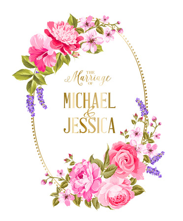 Wedding invitation card template. Frame of tropic flowers in vintage style. Marriage invitation card with custom sign and flower frame over white background. Vector illustration.のイラスト素材