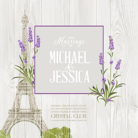 Marriage invitation card with floral garland and calligraphic text. Eiffel tower with blooming spring flowers over old wooden background. Vector illustration.