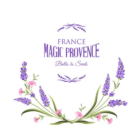 Frame of lavender flowers on a white background. Label of soap package. Label with lavender flowers. Vector illustration.のイラスト素材