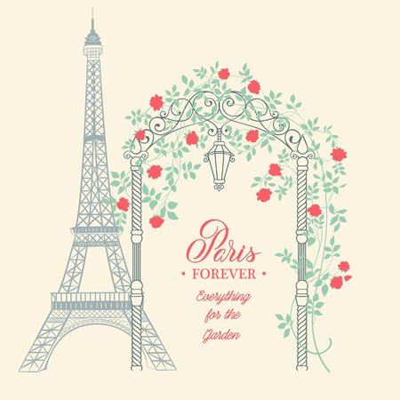 Old postcard with eiffel tower and spring flowers on the garden arch. Rose garden with arch flowers, text template place in the bottom. Vector illustration.のイラスト素材