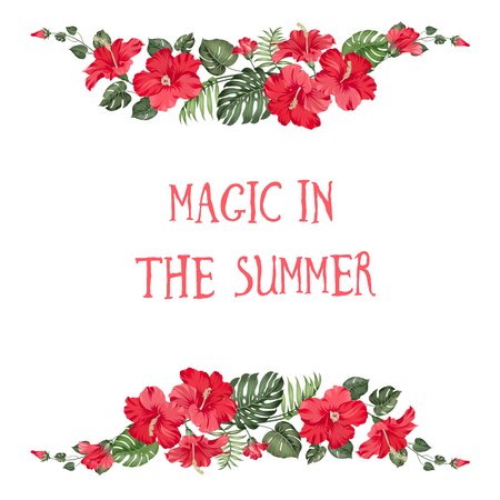 Magic summer invitation card. Blossom flowers for template. Tropical flowers garland. Vector illustration.のイラスト素材