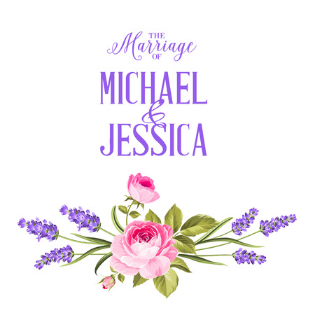 Marriage invitation card with custom sign and flower frame. Lavender frame for provence card. Printable vintage marriage invitation with flowers over white. Lavender sign label. Vector illustration.のイラスト素材