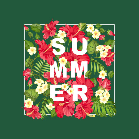 Summer sign concept. Elegant card with blooming hibiscus flowers isolated over green background. Vector illustration.の写真素材
