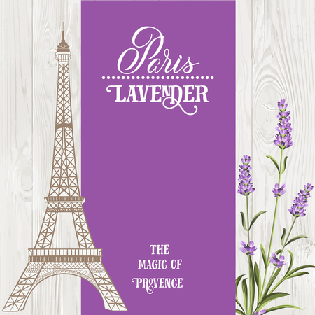 Souvenir card with eiffel tower. Eiffel tower with blooming spring flowers over wooden background. Vector illustration.のイラスト素材