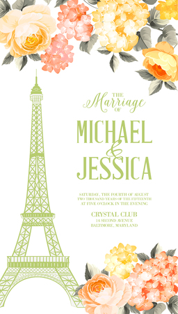 A marriage invitation card with floral garland and calligraphic text. Eiffel tower with blooming spring flowers over white background. Vector illustration.のイラスト素材