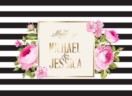 Marriage invitation card with pink flowers. Modern marriage invitation card with template names and flower bouquet. Vector illustration.のイラスト素材