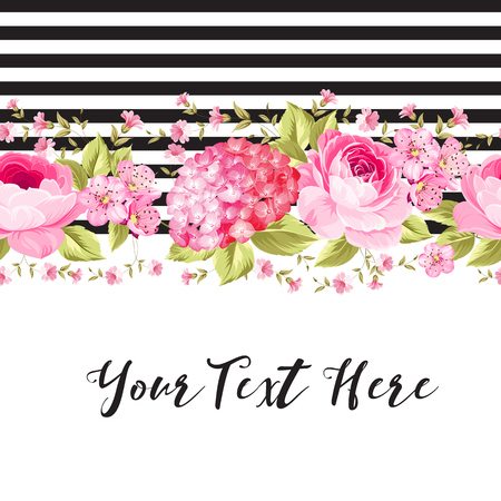 Botanical pink rose flowers with black tile lines and text place are isolated on white background. Elegant Vintage invitation card design. Vector illustration.のイラスト素材