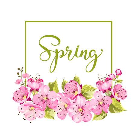 Spring Elegant card with blooming sakura flowers isolated over white background. Vector illustration.のイラスト素材
