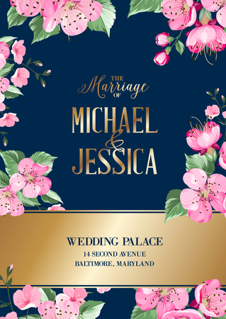 Wedding invitation vertical card. Spring flowers frame of blossom cherry. Wedding invitation with violet background. Vector illustration.のイラスト素材