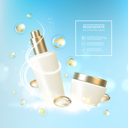 Women care cosmetic in beautiful bottles over blue background. Moisturizer with Vitamins and Regenerate Cream.のイラスト素材