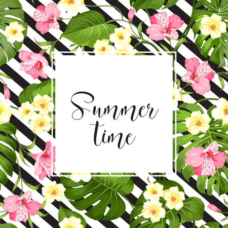 Summer time card with palm pattern. Tropical background with flowers. Vector illustration.のイラスト素材