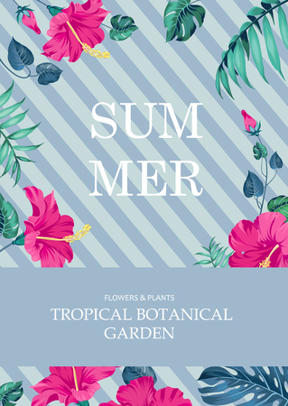 Summer time concept of card with blooming flowers isolated over blue background. Vector illustration.のイラスト素材