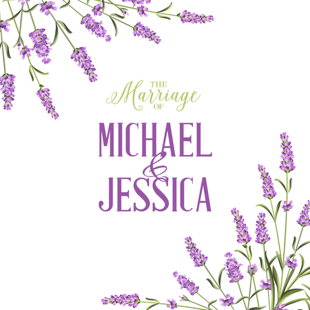 Marriage invitation card with lavender flowers. Marriage invitation card with custom sign and flower frame. Printable vintage marriage invitation with flowers over white. Lavender sign label.のイラスト素材