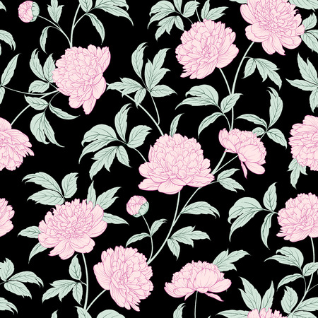 Luxurious peony wallapaper in vintage style. Seamless floral pattern with blossom flowers. Vector illustration.のイラスト素材