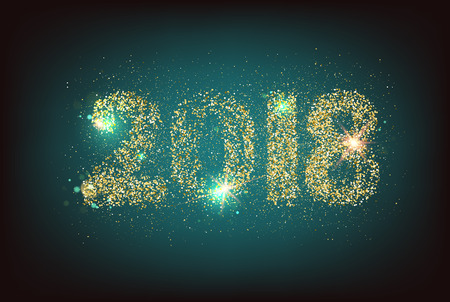 Happy new year card template over dark background with golden sparks. Happy new year 2018. Template for your design. Vector illustration.のイラスト素材