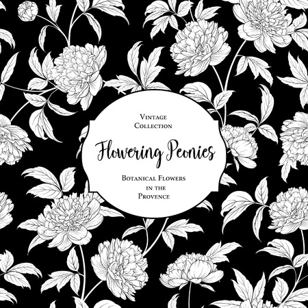 Botanical cover design with floral elements. Invitation card design with peony flower pattern. Calligraphic text - Flowering Peonies. Decorative frame or border for marriage card. Vector illustration.のイラスト素材