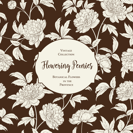 Botanical cover design with floral elements. Invitation card design with peony flower pattern. Calligraphic text - Flowering Peonies. Decorative frame or border for marriage card. Vector illustration.のイラスト素材