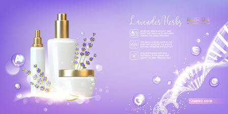 Women care cosmetic in beautiful bottles over blue background. Moisturizer with Vitamins and Regenerate Cream. Vector illustration.のイラスト素材