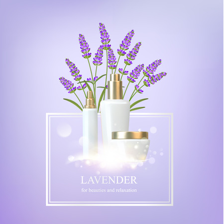 Women care cosmetic in beautiful bottles over violet background. Lavender cream and oil. Moisturizer with Vitamins and Regenerate Cream containes lavender essence. Vector illustration.のイラスト素材