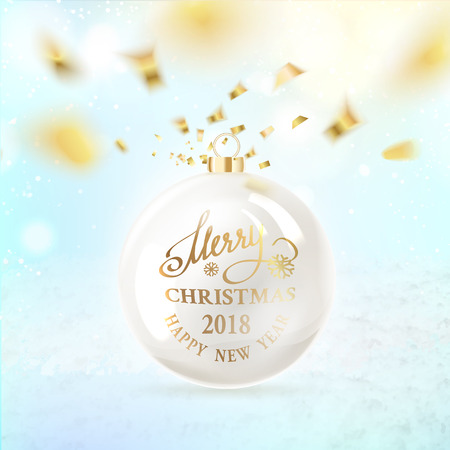 White pearl with christmas greetings with golden confetti falls isolated over blue background. Happy new year card with golden sparks. Vector illustration.のイラスト素材