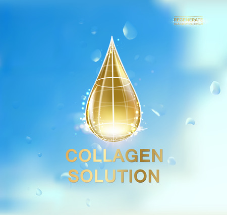 Scince illustration with oil drop over blue background. Collagen solution Organic cosmetic and skin care cream. Regenerate face cream and Vitamin complex concept. Beauty skin care design.のイラスト素材