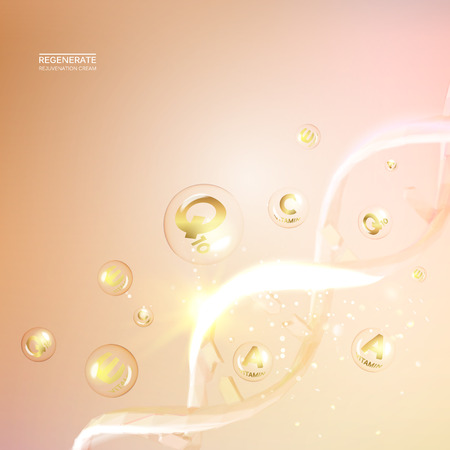 Beauty treatment nutrition skin care design. Vitamin A drop with white sphere. Regenerate cream and Vitamin Background of Concept Skin Care Cosmetic. Vector illustration.のイラスト素材
