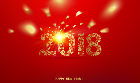 Happy new year card over red background with golden confetti. Happy new year 2018. Holiday card. Template for your design. Vector illustration.のイラスト素材