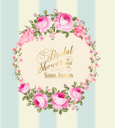 Border of flowers in vintage style with happy holiday text. Vector illustration.のイラスト素材