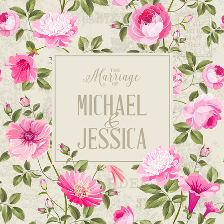 Bridal Shower invitation with flowers. Marriage design template with custom names in frame over gray background. Vector illustration.のイラスト素材