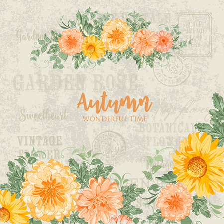 Awesome blooming flowers for autumn card design. Flower wreath over gray text pattern background. Vector illustration.のイラスト素材