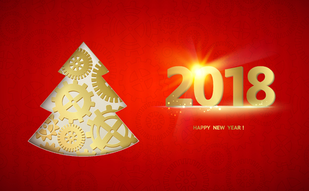 Happy new year card with fir tree made from gears over red background.のイラスト素材
