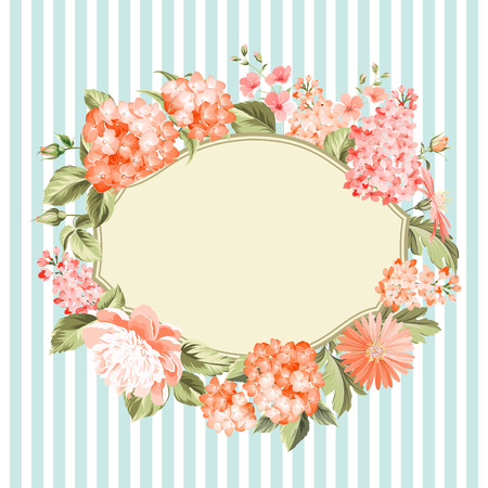 Oval frame invitation card with orange garden blooming flowers. Invitation card template with blooming hydrangea and custom text place over them. Flower composition. Vector illustration.のイラスト素材