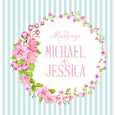 Wedding invitation with blossom cherry. Bridal shower invitation on blue tile background. Vintage floral invitation for spring or summer bridal shower. Vector illustration.のイラスト素材