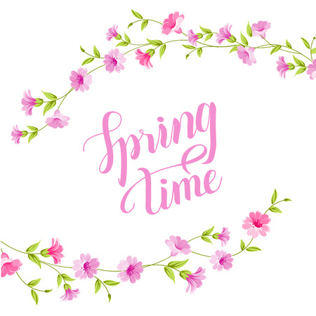 Blossom card. Spring time text over white background with wild flowers frame. Vector illustration.のイラスト素材