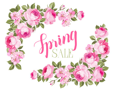 The spring sale card. Spring sale card with purple rose on white backgroud. Spring background with blossom flowers. Label with spring flowers. Vector illustration.のイラスト素材