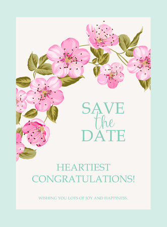 Blooming sakura tree branch on the top of vertical invitation card isolated over white background and text place in center. Congratulation text card with Save the date sign.の写真素材