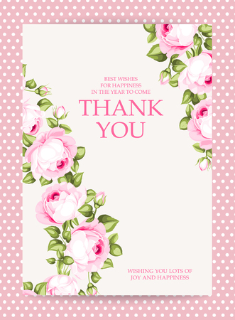 Invitation text card with Thank You sign. Blooming rose garland at the left side of invitation card isolated over white background with pink border. Vector illustration.の写真素材