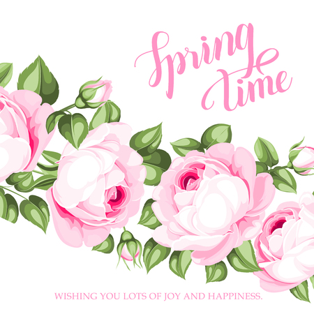 Spring time card with pink rose over white background. Spring background with blooming flowers. Vector illustration.のイラスト素材