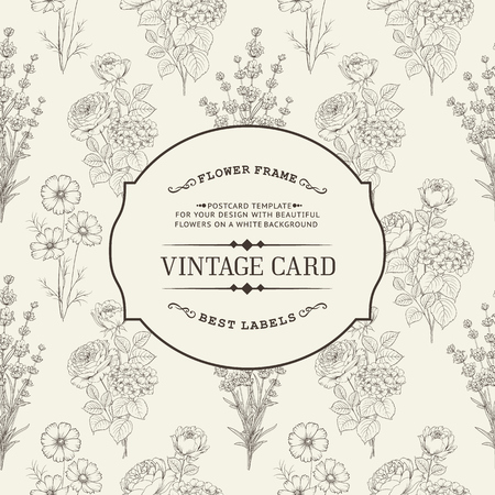 Vintage invitation card with white flowers. Card template with text and flower frame. Vector illustration.のイラスト素材