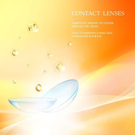 Science card with Contact Lenses sign. Orange wave flow at the top of the image over yellow background and two eye lenses.のイラスト素材