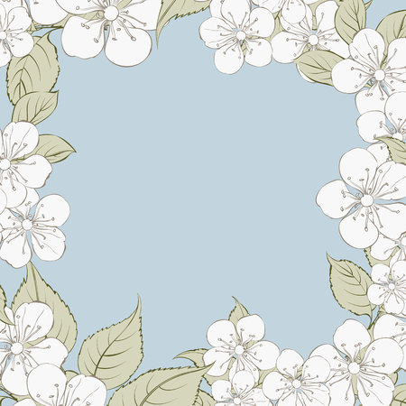 Blooming sakura rectangle frame around text place over blue background. Vector illustration.のイラスト素材