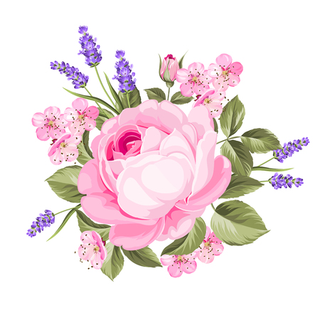 Spring flowers bouquet of color bud garland. Label with rose and lavender flowers. Vector illustration.のイラスト素材