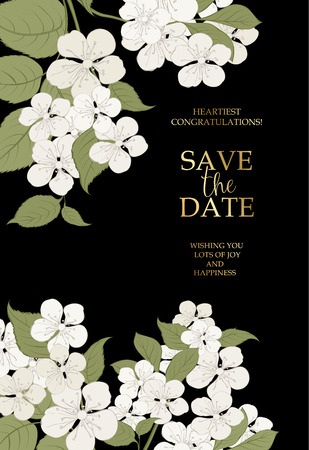 Blooming cherry tree branch at the side of vertical invitation card.のイラスト素材