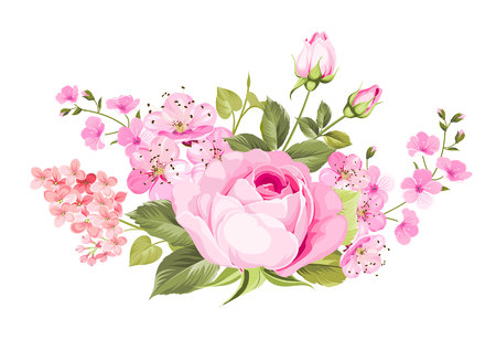 Blooming spring flowers garland of purple roses, sakura and lilac. Label with rose and sacura flowers.のイラスト素材