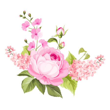 Spring flowers bouquet of color bud garland. Label with rose and lilac flowers. Vector illustration.のイラスト素材