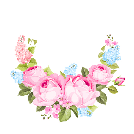Blooming rose garland on the bottom of invitation card isolated over white background and text place. Congratulation text card with empty space. Vector illustration.のイラスト素材