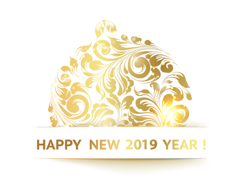 Christmas ball with curves over white background. The sign happy new year 2019 at the bottom.の写真素材