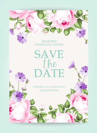 Invitation vertical card. Floral vertical vintage invitation with pink garden blooming flowers.の写真素材
